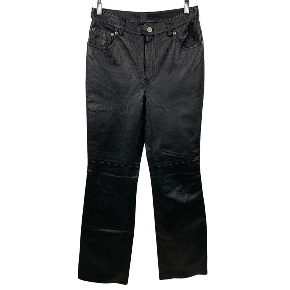 Vintage Newport News Black Leather High Rise Boot Cut Pants sz 4 Trousers Moto